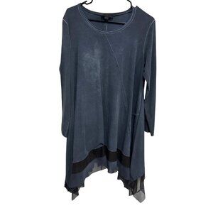 Luukaa Asymmetrical Hem Long Sleeve Tunic Top Mesh Detail Size Large Navy Blue